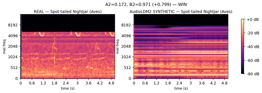 Two mel spectrograms of five seconds each: a real Spot-tailed Nightjar recording, with repeated arcs of song over background noise, and an AudioLDM2 synthetic clip made of flat horizontal bands. The title gives the class's validation ROC-AUC as 0.172 without synthetic clips and 0.971 with them