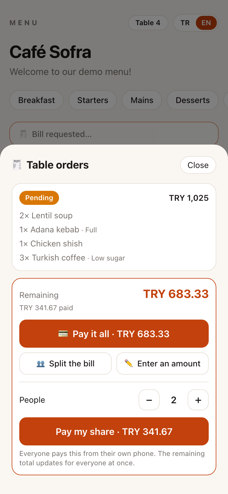 Phone screenshot of Table 4's orders sheet: a pending order of TRY 1,025 with TRY 341.67 paid and TRY 683.33 remaining, buttons to pay it all, split the bill or enter an amount, and the split set to 2 people at TRY 341.67 each