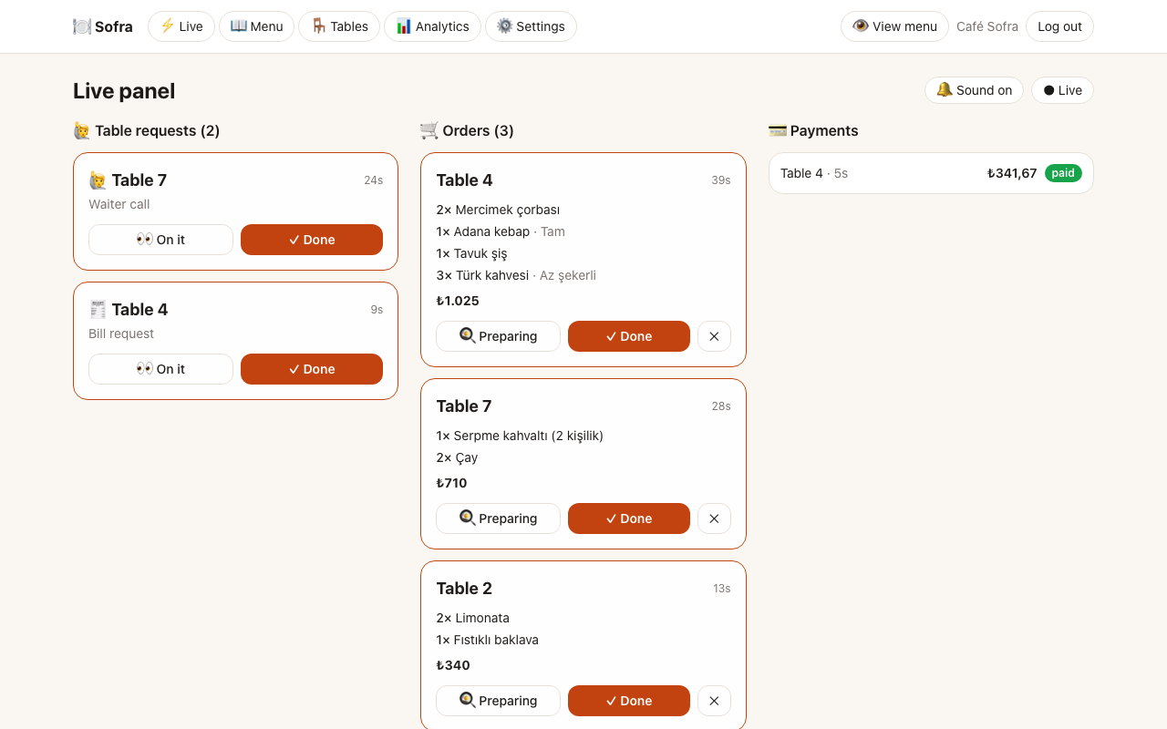 Desktop screenshot of the staff live panel in three columns: table requests (a waiter call and a bill request), three incoming orders listed in Turkish with Preparing and Done buttons, and a paid payment from Table 4