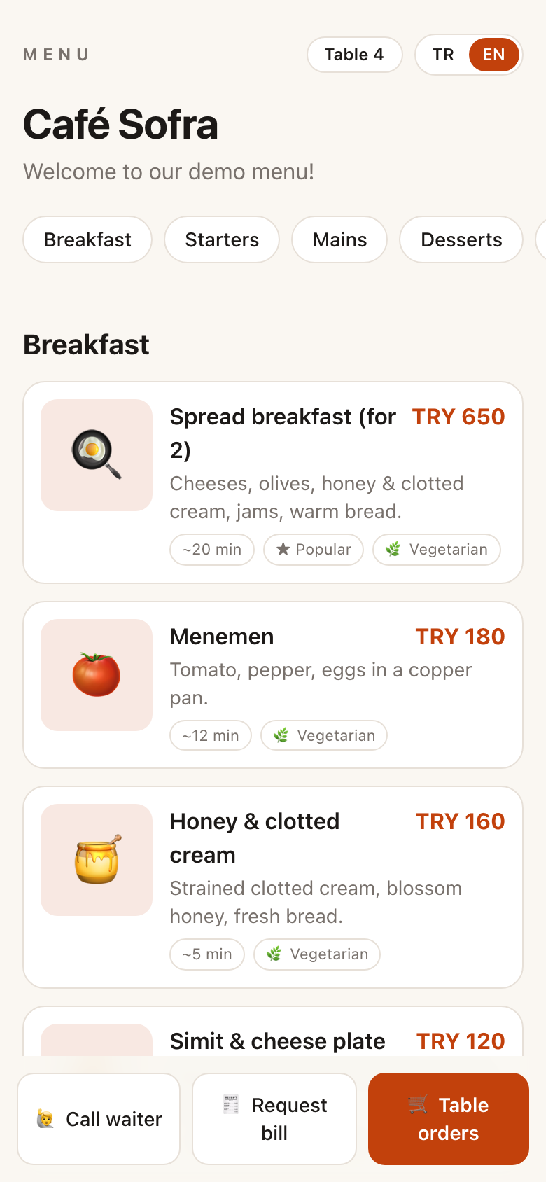Phone screenshot of the Café Sofra guest menu opened from Table 4's QR link, in English: a Table 4 badge, a TR and EN language switch, category chips, breakfast dishes with prices in TRY, prep times and vegetarian tags, and a bottom bar with Call waiter, Request bill and Table orders